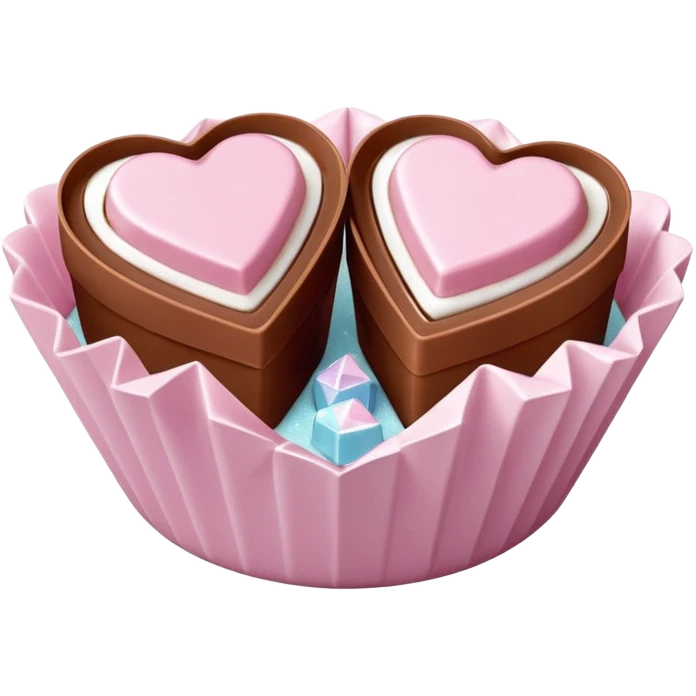 Two square milk chocolate pralines , sharp-edged glossy cubes placed diagonally side by side, each sitting in a small white fluted paper candy cup.
Flat thin pastel pink heart icing centered on top with fine sugar crystal sparkle, clean studio product lighting,  emoji