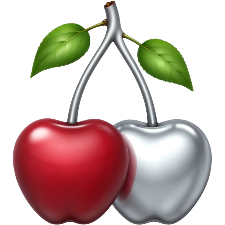 A pair of cherries emoji made of liquid silver chrome, smooth rounded shapes, glossy metallic surface, subtle sensual vibe, luxury sexy aesthetic, iOS emoji style, centered, clean white background emoji
