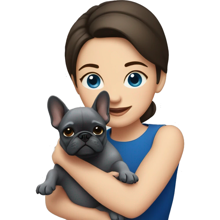 Brunette woman hugging dark gray french bulldog with blue eyes emoji