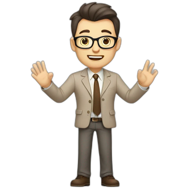 To belt Actively gesturing with hands Okay Pale skinned fit man with dark brown hair in gray jacket, beige office shirt, brown tie, brown pants and vintage glasses. emoji
