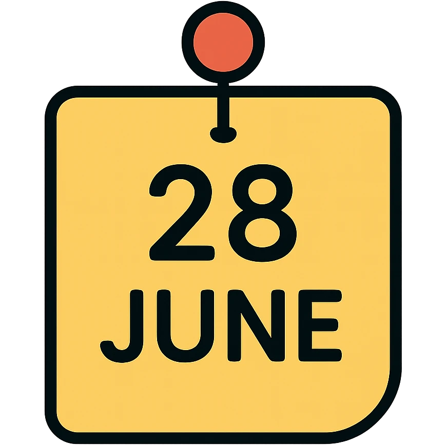 a pinned note with the text '28 June', clear and readable, simple modern style emoji