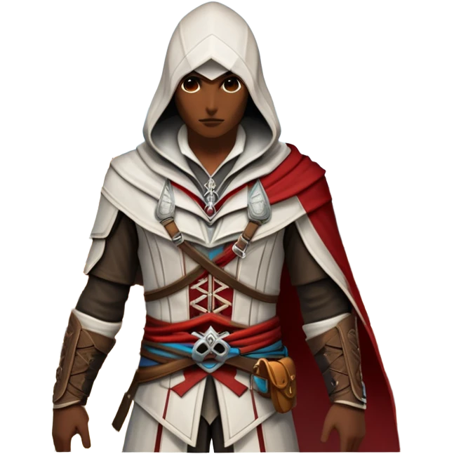 icon featuring Assasin's Creed in an iconic assassin's hood, standing tall against the backdrop of Florence. The design captures the essence of adventure, with intricate details of historical architecture and a sense of mystery. The character is poised, ready for action. transparent background. emoji