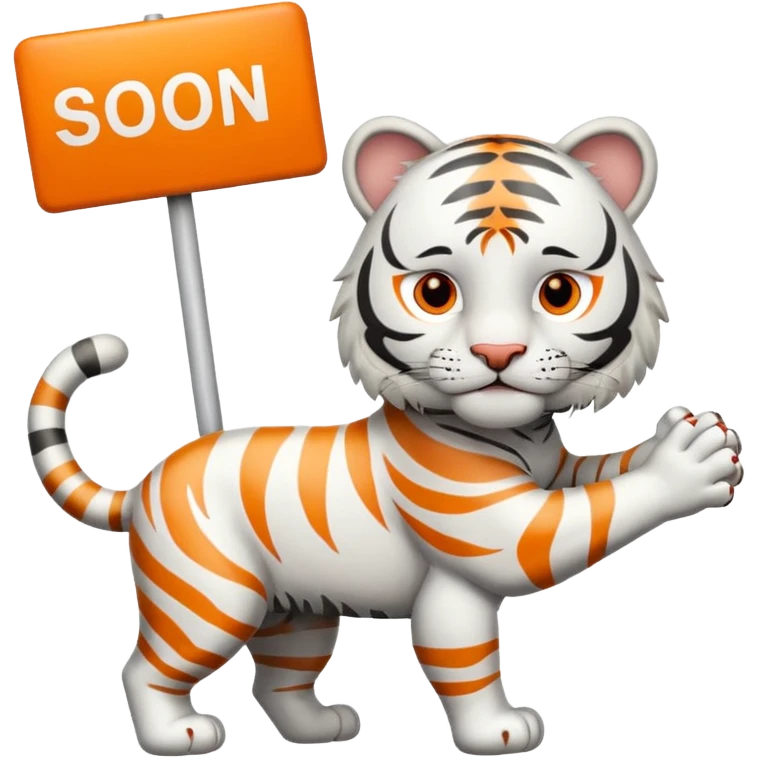 White Tiger. He is holding a sign with SOON - written on it. Let him have 4 paws, not more. emoji
