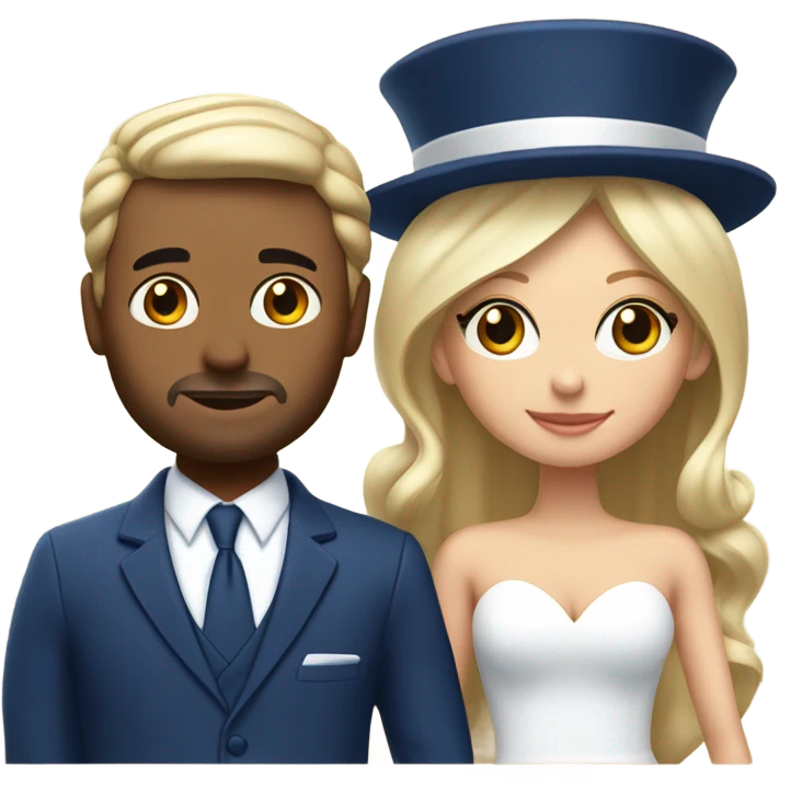 Puerto rican beard short hair with blue hat and navy blue suit getting Married with blond long hair girl with white  wedding dress  emoji