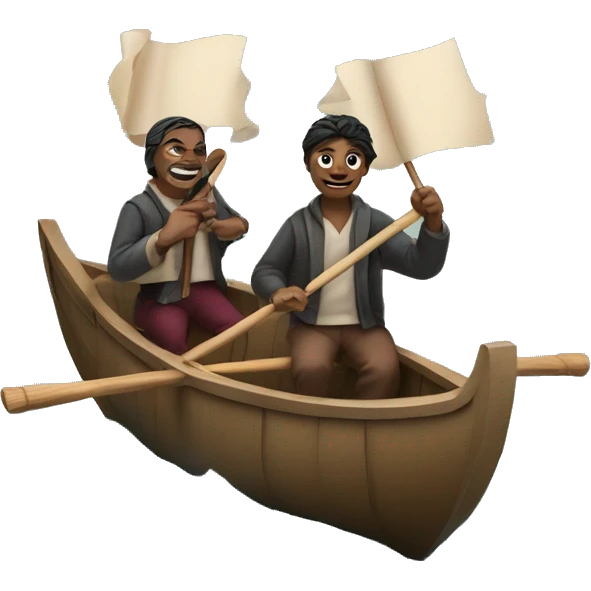 people holding paper scrolls and ink quills in a rowboat emoji