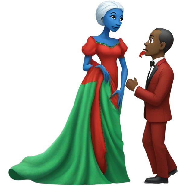 Beatiful tall blue skin female reptilian in red dress, kissing white man in green dress, full figure, full body emoji