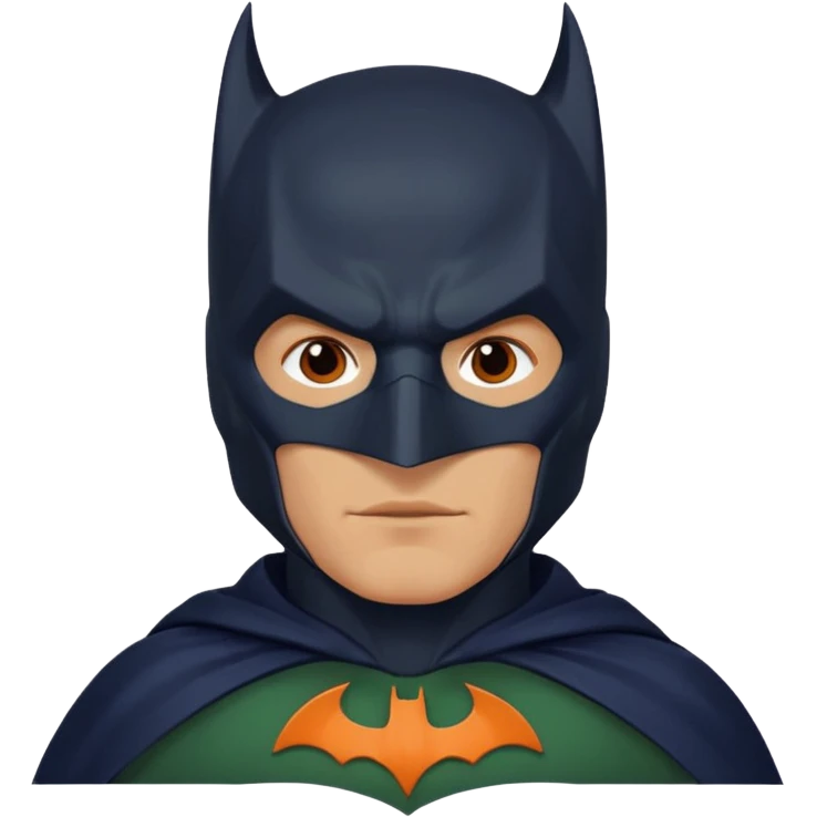 generate a batman emoji with just the face and neck showing and part of the cloak and and wings. Shade the bat logo on the chest in a medium green with a slight olive touch. Shade the mask in dark navy blue. Shade the cloak in a solid vibrant orange.

 emoji