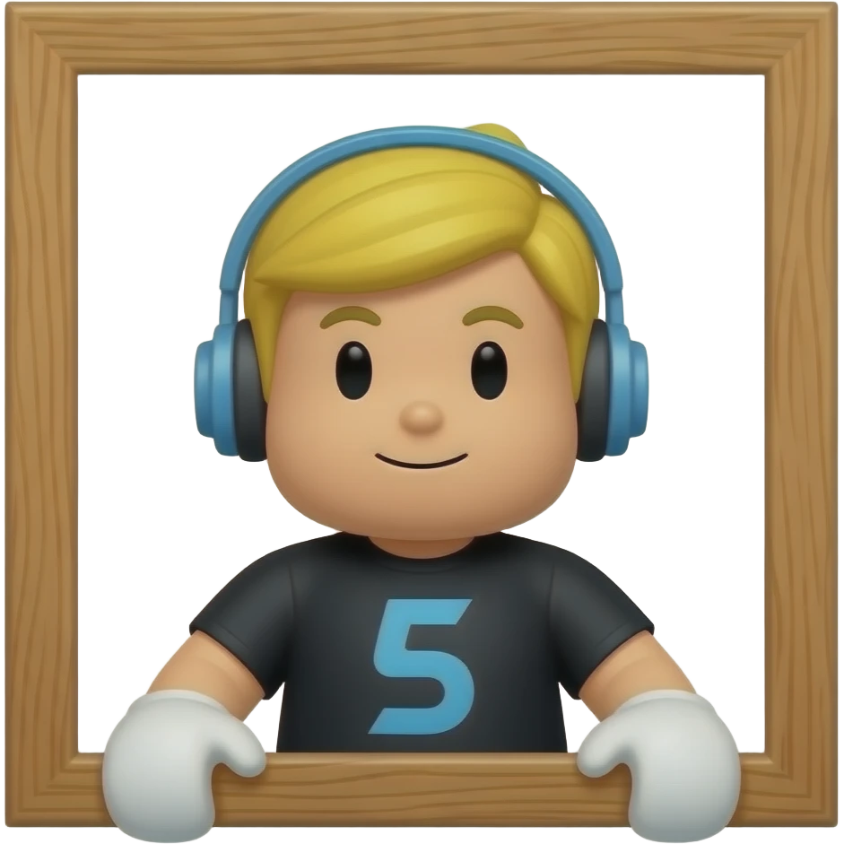 Funny RobloxPocoyo avatar emoji, character with a wooden picture frame around the head, face inside a painting frame, blond hair with blue headphones, black shirt with blue design, dark pants, white hands, quirky and creative style, 3D cartoon emoji, cute gaming style, bright lighting emoji