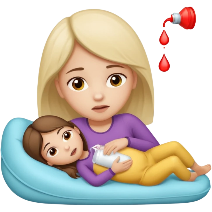 A girl, lying on her side suffering from menstrual cramps, has a hot water bottle on her stomach. emoji