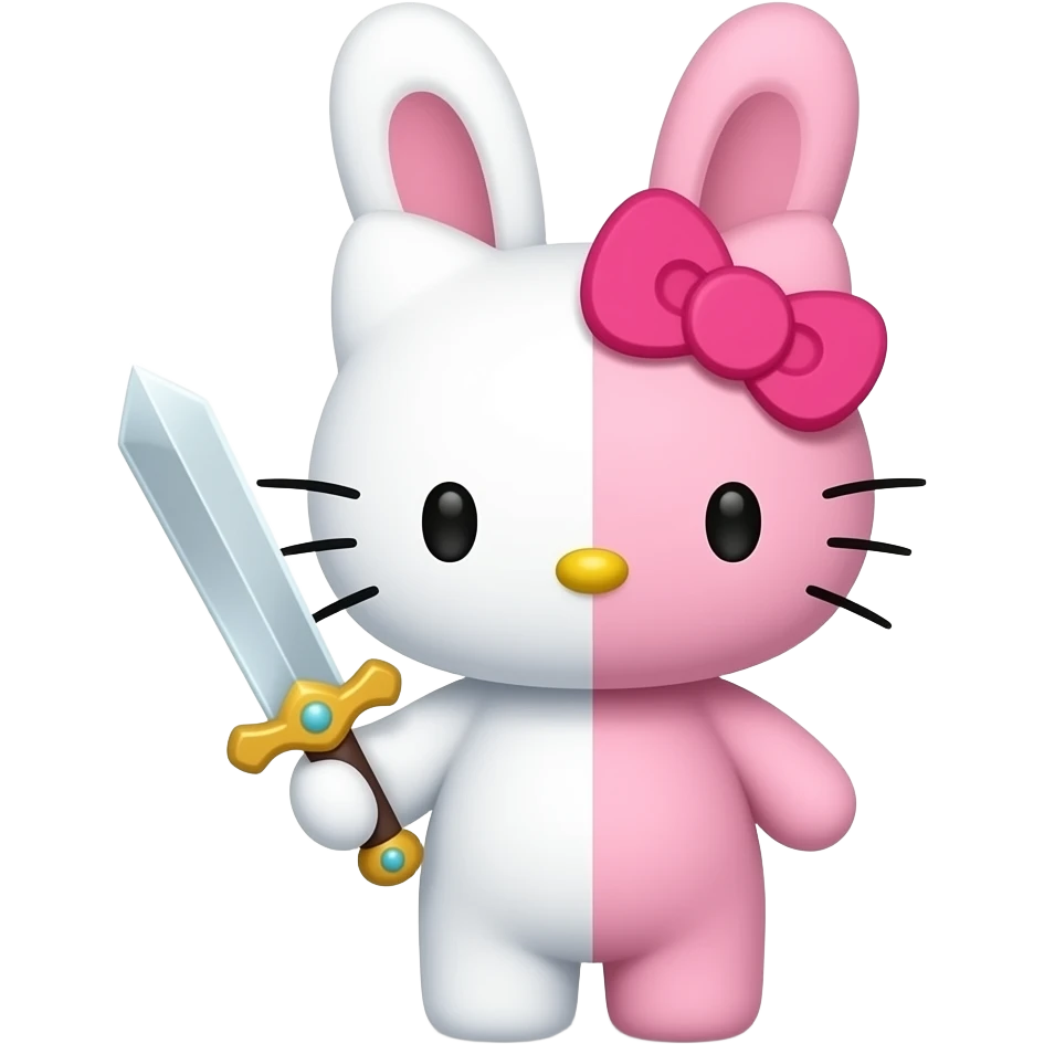 Um coelho de pelúcia metade branco é rosa as duas metafes com a cara fofa lacinho rosa na cabeça orelhas pra cima segurando uma espada da hello kitty ela se chama monomi emoji