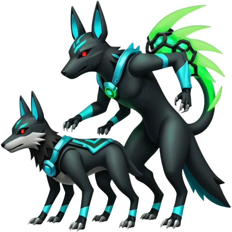 Black and green cyberpunk intricate neon glowing grey white futuristic cyborg-Houndoom-Lucario-Zeraora-Zoroark-Luxray-fusion (full body) emoji