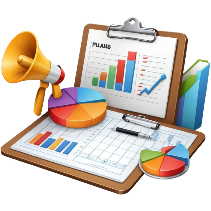 An icon featuring a pie chart, a megaphone, and a clipboard with strategy plans, symbolizing management and marketing. The design includes upward-trending graphs set against a modern office backdrop. Transparent background emphasizes business strategy and communication. emoji