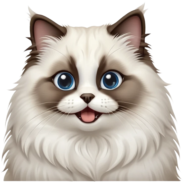 cinematic-adorable-big-eyed-fluffy-dark brown and white seal ragdoll-cat-portrait-emoji,-head-tilted-playfully-with-a-cute,-yawn,-soft-brown pointed seal-and white-colored-fur-with-darker-points-on-the-ears,-simplified-yet-irresistibly-cute-features, sparkling blue eyes emoji