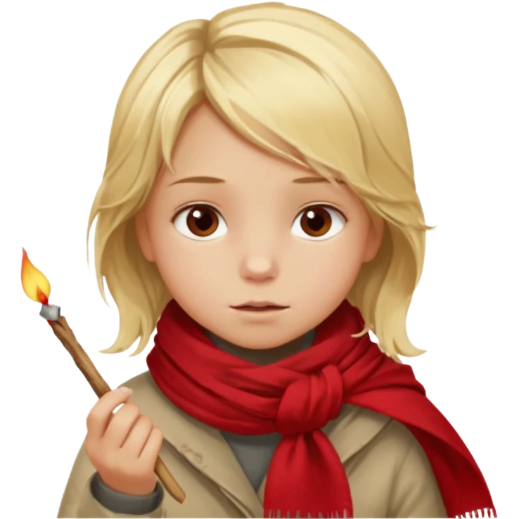 A little girl with messy blonde hair, wrapped in a thin scarf, lighting a match with shaky hands as warm light reflects in her eyes.
 emoji