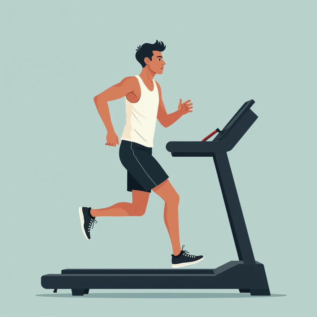 conceptual illustration: man trying to run on a treadmill moving very slowly, symbolizing slow metabolism, modern style, 4K emoji