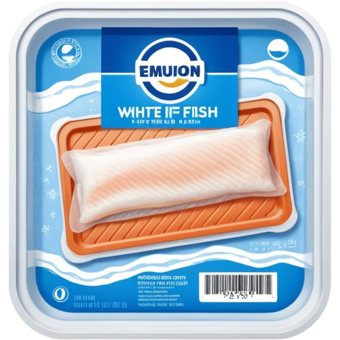 A vacuum-sealed plastic tray containing frozen white fish fillets, covered with thin layers of frost. The packaging has a clear window showing the fish, and a blue label with product details and a barcode. Realistic supermarket freezer setting with cold mist and LED lighting. emoji