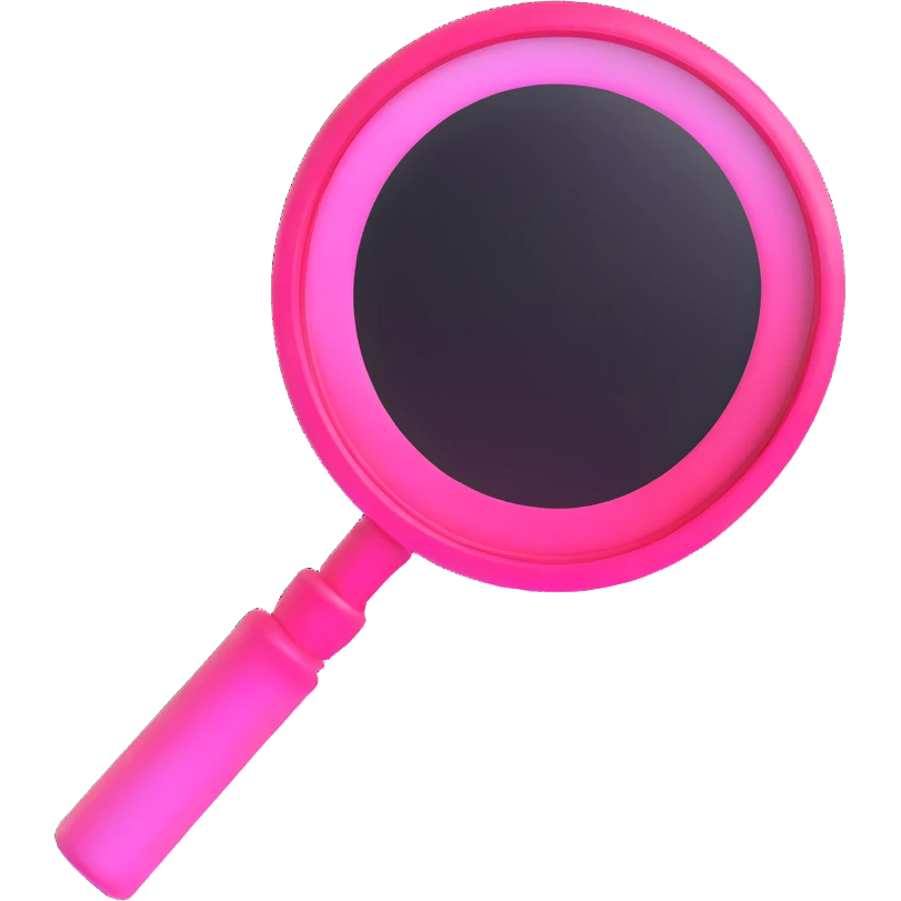 magnifying glass, transparent glass with bright pink gradient from #FF335F to #FF99AA, highlights, minimalistic emoji