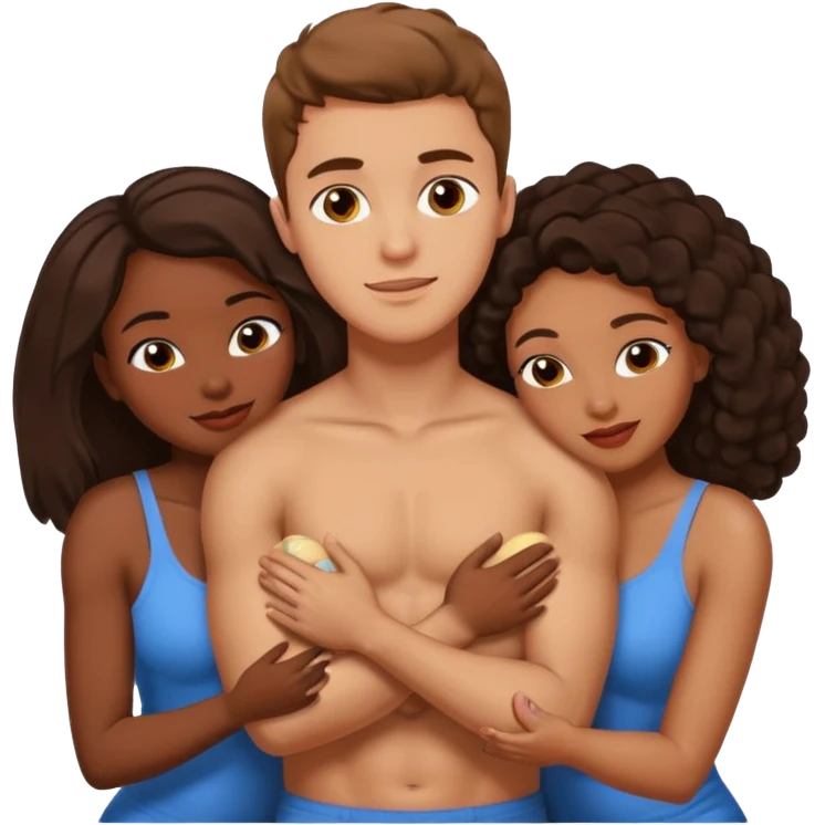 one american italian young brown-haired man surrounded by three black african women with large asses who are hugging him and each other and massaging his shaft and balls emoji