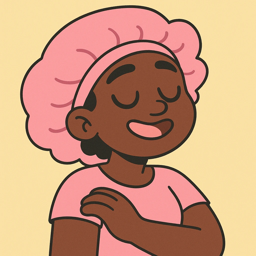 black girl with eyes closed wearing a pink bonnet, soft pastel cartoon style emoji