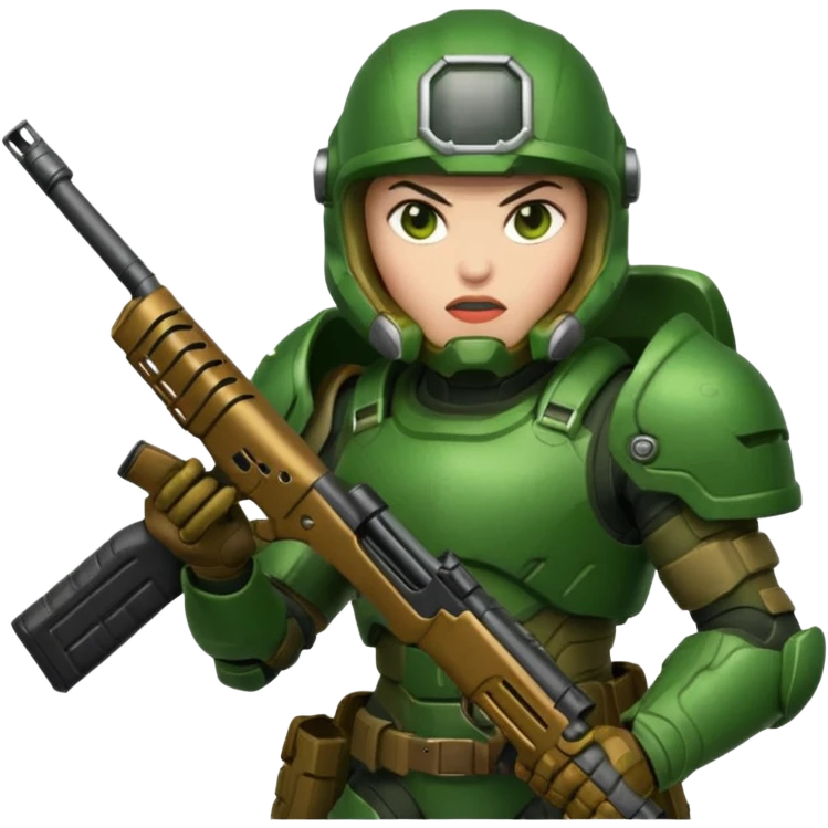 Doom Slayer wearing green armor and helmet, holding a shotgun, fierce expression emoji