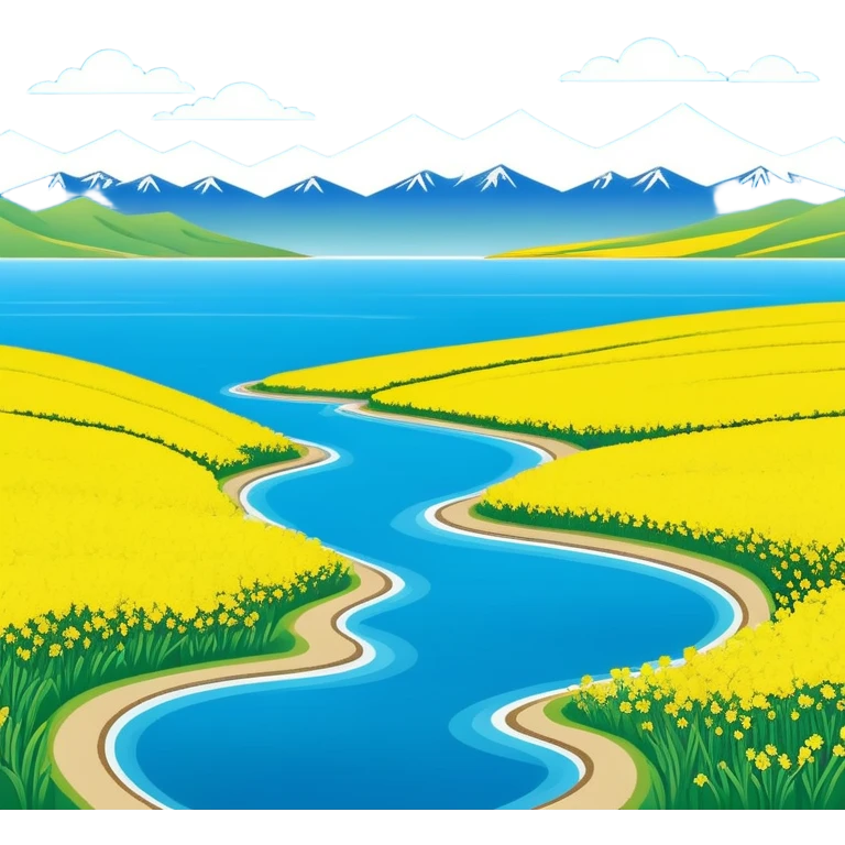 Qinghai Lake spring scenery with rapeseed flowers and blue water, simplified emoji style with bold outlines and bright colors, cartoon style vast lake with mountains emoji