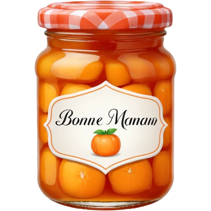 Bonne Maman orange marmalade jar, glass jar with red and white checkered lid, orange jam, handwritten label, cute emoji style emoji