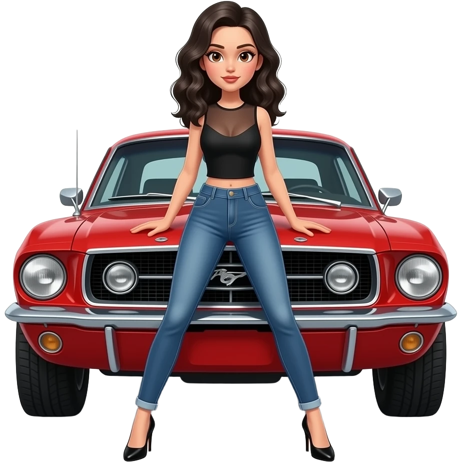 Pale girl with wavy jet black hair and brown eyes in front of a red ford mustang 1968 coupe. Girl wearing a sheer black sleeveless top, low rounded neckline, jeans and heels with visible toes. Legs spread and hands resting on the hood. emoji