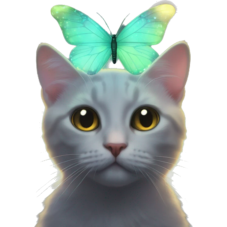 Dark iridescent butterfly glowing on top of cats head  emoji