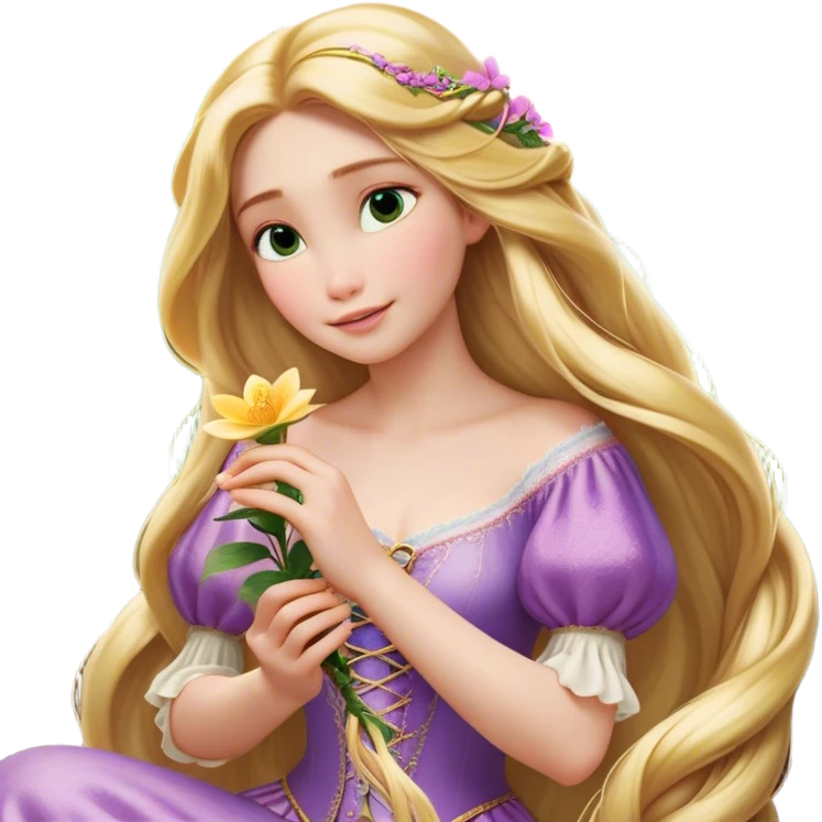 Cinematic Realistic Rapunzel Portrait, with porcelain-like skin featuring a subtle, natural glow, illuminated by soft lighting that brings out the gentle contours of her face. Her long, golden blonde hair cascades in detailed waves, each strand highlighted with a radiant shimmer as it catches the light. She playfully holds a flower in one hand, her other hand resting casually in her lap, with a warm and spirited expression. Her bright, expressive green eyes exude curiosity and warmth, framed by delicate lashes and soft, arched brows. She is dressed in her classic lavender and pink gown, the fabric textured with delicate folds that flow naturally, catching the light with a soft, radiant glow. The portrait captures a luminous, enchanting aura, seamlessly blending realism with a whimsical, fairytale charm, evoking a timeless sense of beauty and magic. emoji
