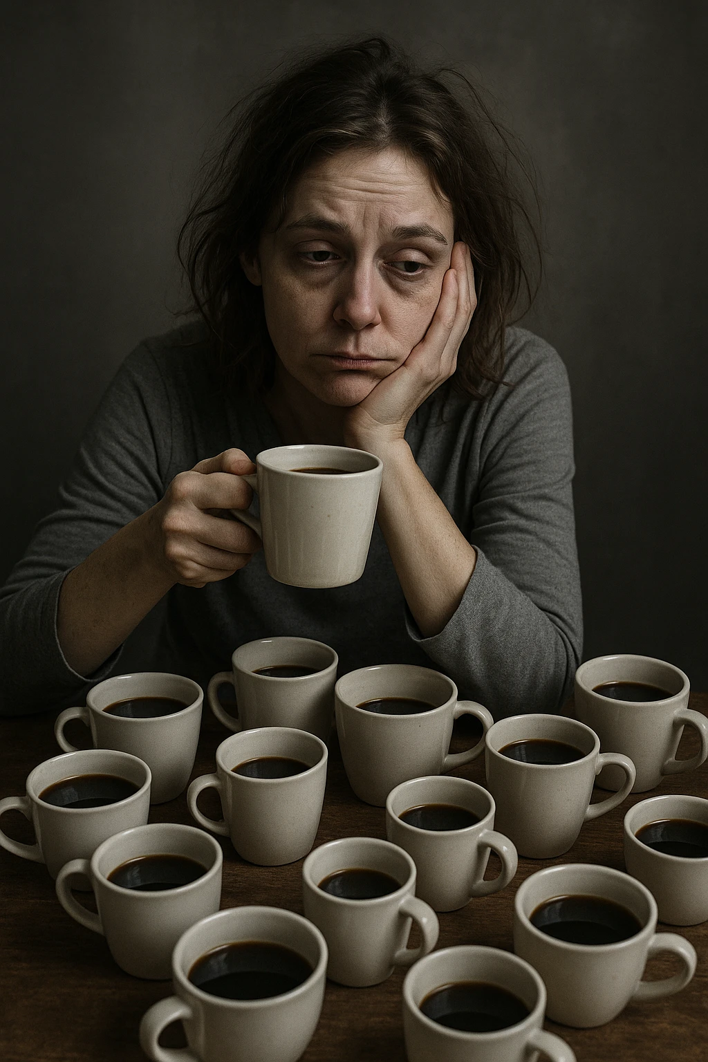 donna con stanchezza cronica distrutta e stanca che si fa tanti caffè emoji