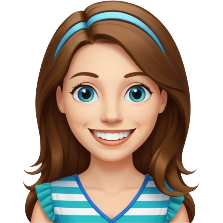 40 yr Caucasian woman, long brown hair parted on side, white stripe in hair, blue green dress ,big smile, white teeth, dimples, blue eyes emoji