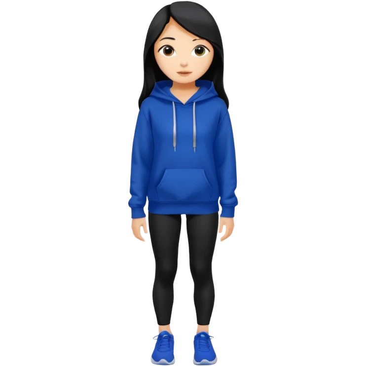 A pretty white/asian tanned girl with medium long strait dark brown almost black hair wearing a royal blue hoodie and black leggings pretty tan emoji