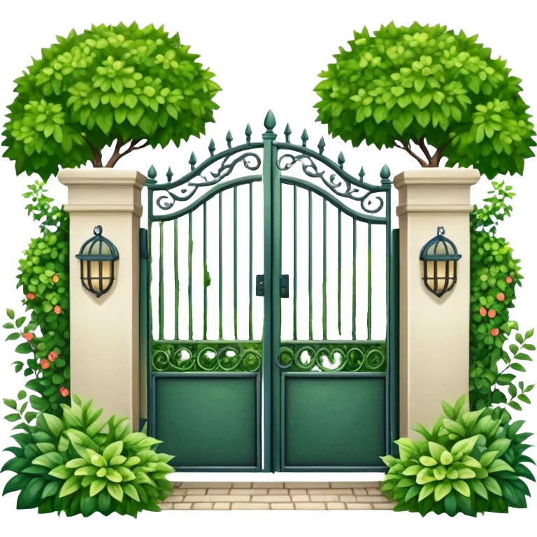 house entrance with iron gate and fence surrounded by lush green plants and bushes emoji