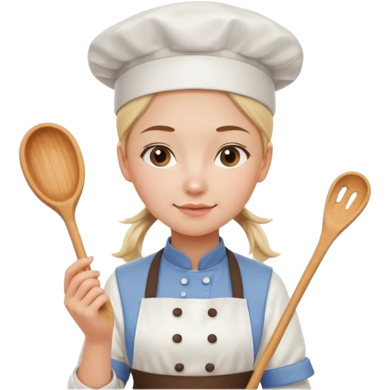 Young female pastry chef - single ponytail, apron, wearing a white hat, holding a piping bag emoji