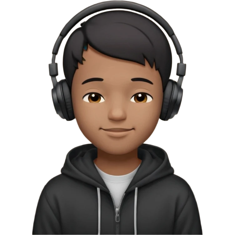 Young Black male, short hair, eyes closed, soft cheeky smile, calm and proud vibe. Dark hoodie, big black over-ear headphones. Focus on face and expression; exaggerate smile and eyes for small emoji size. Background optional. emoji