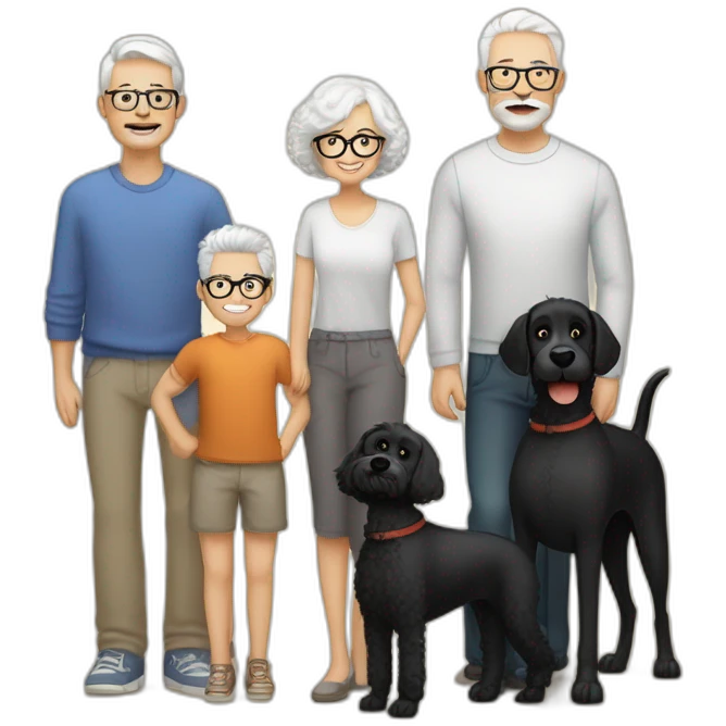 Family mother with glasses and short white hair, dad bolded with beard and moustaches, 3 boys with fair hair, 1 big black dog terrier, 1 dog soft weaten terrier, 1 dog small white poodle emoji