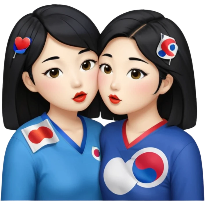 Korean lesbians, kisses and Let them both have black hair, kiss each other, have a lesbian flag on their cheeks, be sweet, dress openly, have open waists  emoji