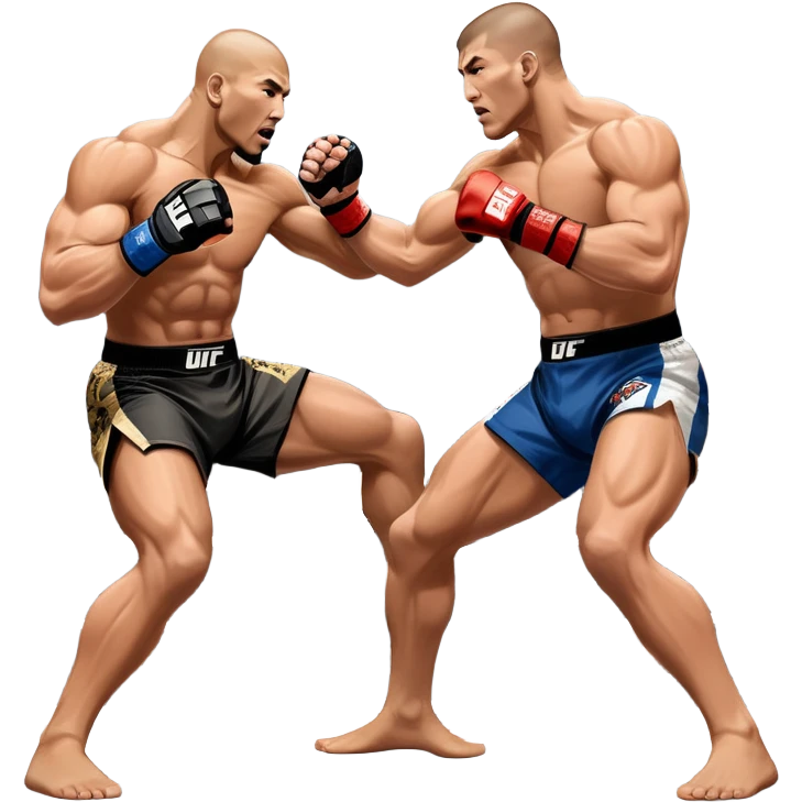 Two MMA fighters in the octagon, one delivering a strong punch while the other defends with a guard. The background shows the UFC octagon with the crowd in the distance. Transparent background emphasizes the dynamic intensity and skill of mixed martial arts. emoji