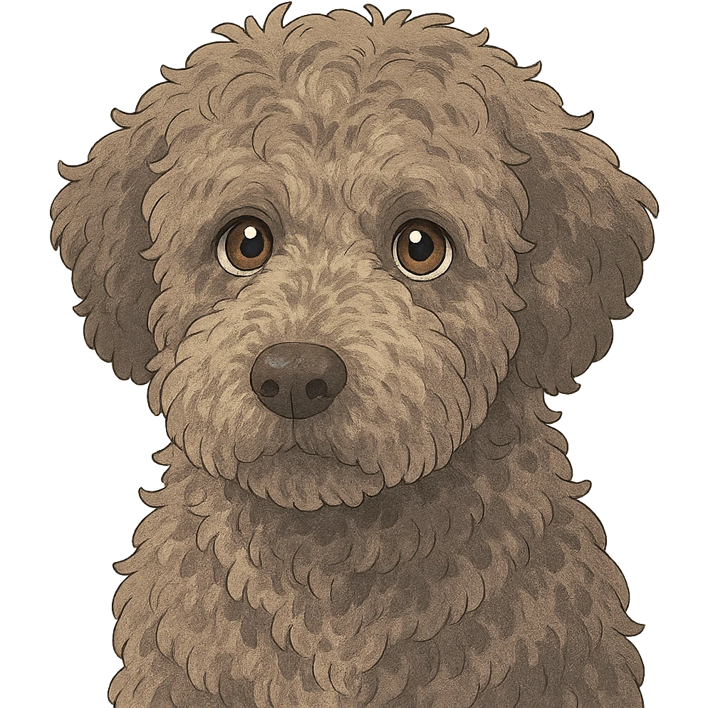 close-up portrait of Lagotto Romagnolo dog, fluffy roan fur, expressive eyes, ghibli style emoji