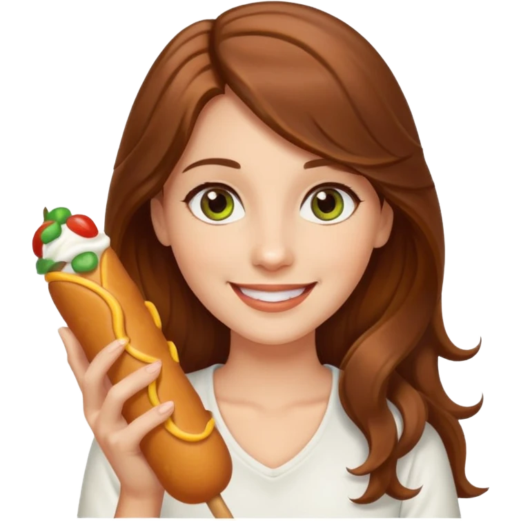 Long wavy hair, hazel green eyes, smile, wearing a white top, holding a corndog emoji