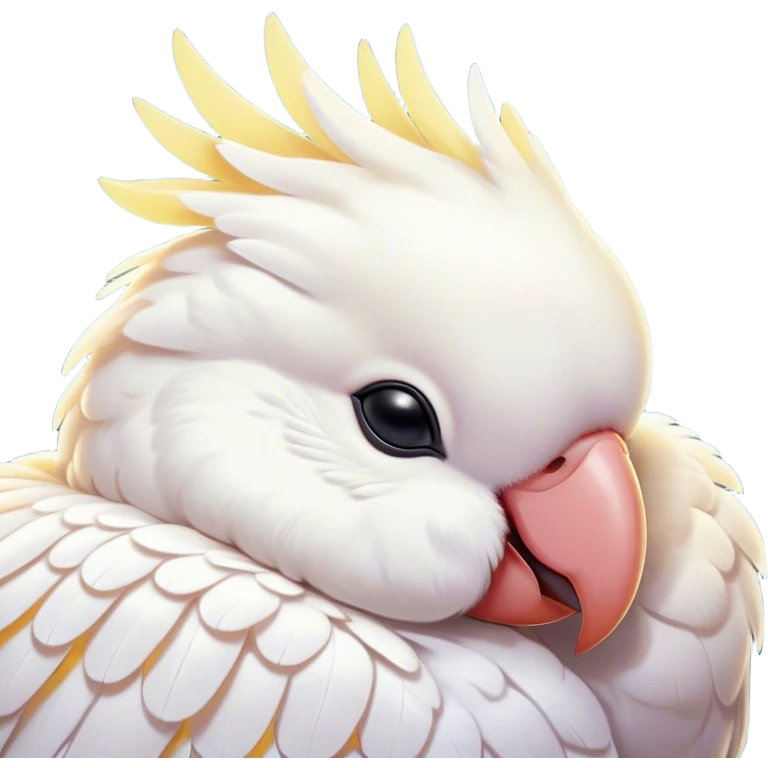 Meme-Worthy Cute Sleeping Cockatoo Portrait Emoji, Head resting peacefully with a contented smile, showcasing a softly feathered body with a gently drooping crest and eyes closed in serene slumber, Simplified yet adorably endearing features, highly detailed, glowing with a soft, drowsy tropical light, high shine, relaxed and utterly lovable, stylized with an air of playful laziness, soft glowing outline, capturing the essence of a sleeping cockatoo that feels destined to become the next viral icon of adorable rest! emoji