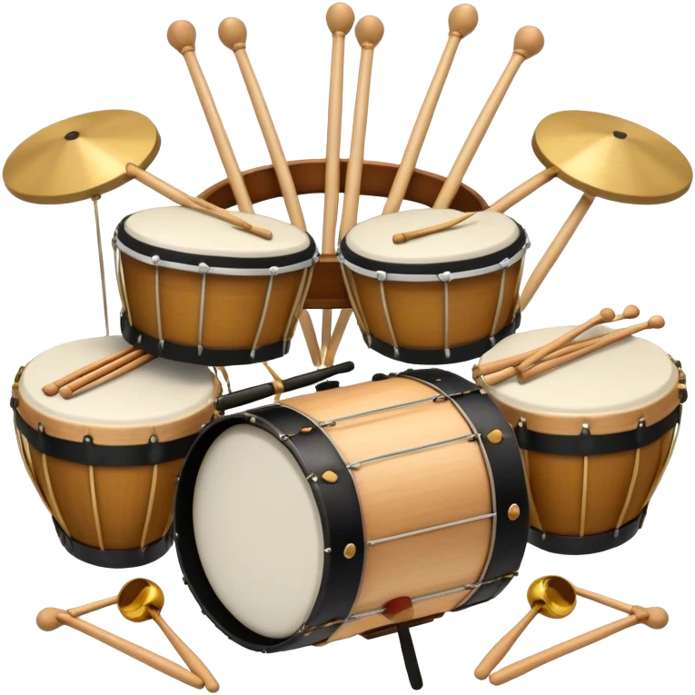 Create a professional, emblem-like emoji representing percussion instruments, including both traditional and folk drums. Feature a snare drum, bass drum, timpani, cymbals, marimba, tambourine, djembe, bongos, cajón, triangle, castanets, and ratchets in a balanced, heraldic composition. Crossed drumsticks at the center symbolize rhythm, while a ribbon of musical notes weaves around the instruments. Use rich gold, mahogany, and silver tones with polished highlights. Add laurel wreaths and subtle engravings for a grand, festive feel. The design should be harmonious, visually complete, and on a transparent background. emoji