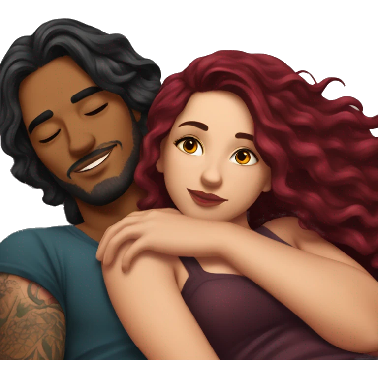 Beautiful tattooed burgundy long haired woman laying on her boyfriends chest emoji