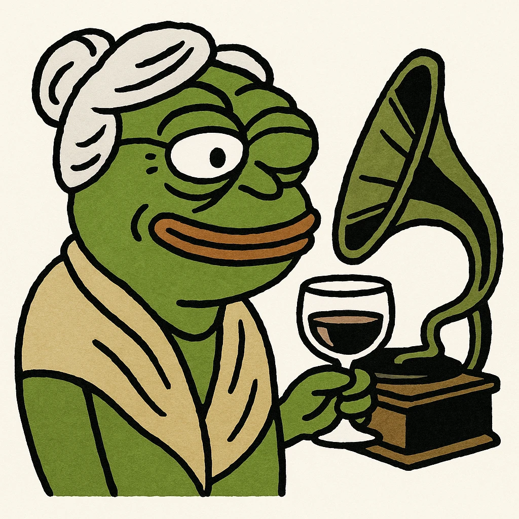 old lady with wineglass listening to gramophone emoji