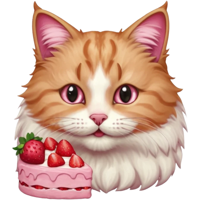 Close-up portrait of a fluffy cat eating a strawberry cake, pink cream on its nose and whiskers, detailed fur texture, soft natural light, shallow depth of field, high resolution, cute and candid moment
, emoji