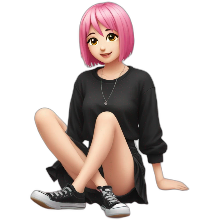 Full body Front view curvy emo girl pink hair sits on the floor straight view hands up black skirt полосатые рваные чулки emoji