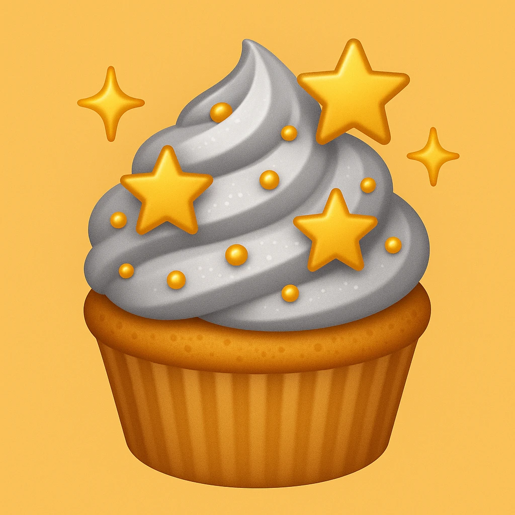Add gold stars and a tiny edible pearl to the cupcake with silver frosting and gold pearls in emoji style. emoji