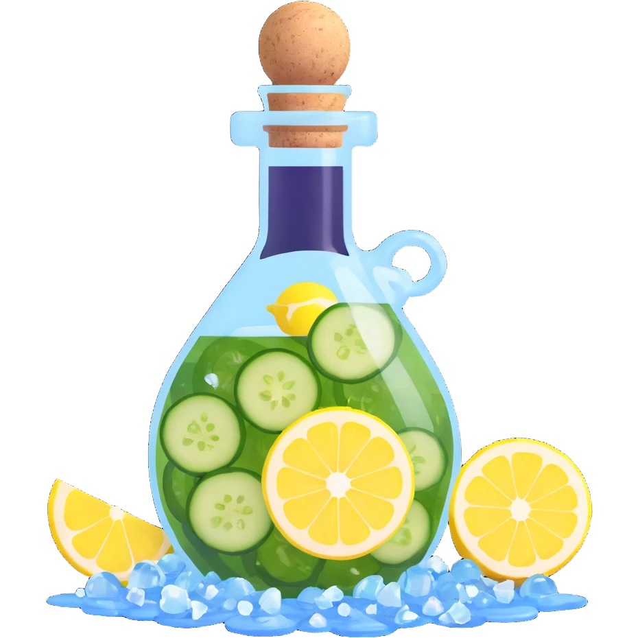 potion bottle with a perfectly round floating bottom, very small cork, very short neck, filled with #00d9ff liquid, inside cucumber slices, lemon slices, ice cubes, edible flower petals, and magical sparkles, soft lighting, transparent glass, clean background, fantasy style emoji