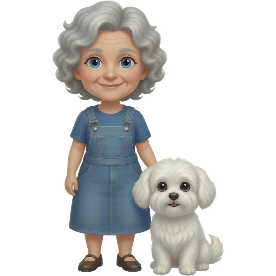 Elder woman curly hair blue eyes standig with a white Maltese dog emoji