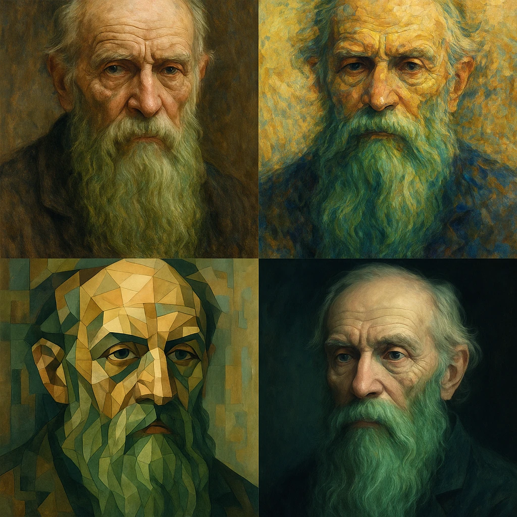 portrait of an old man with a long green beard, detailed, artistic, different styles emoji